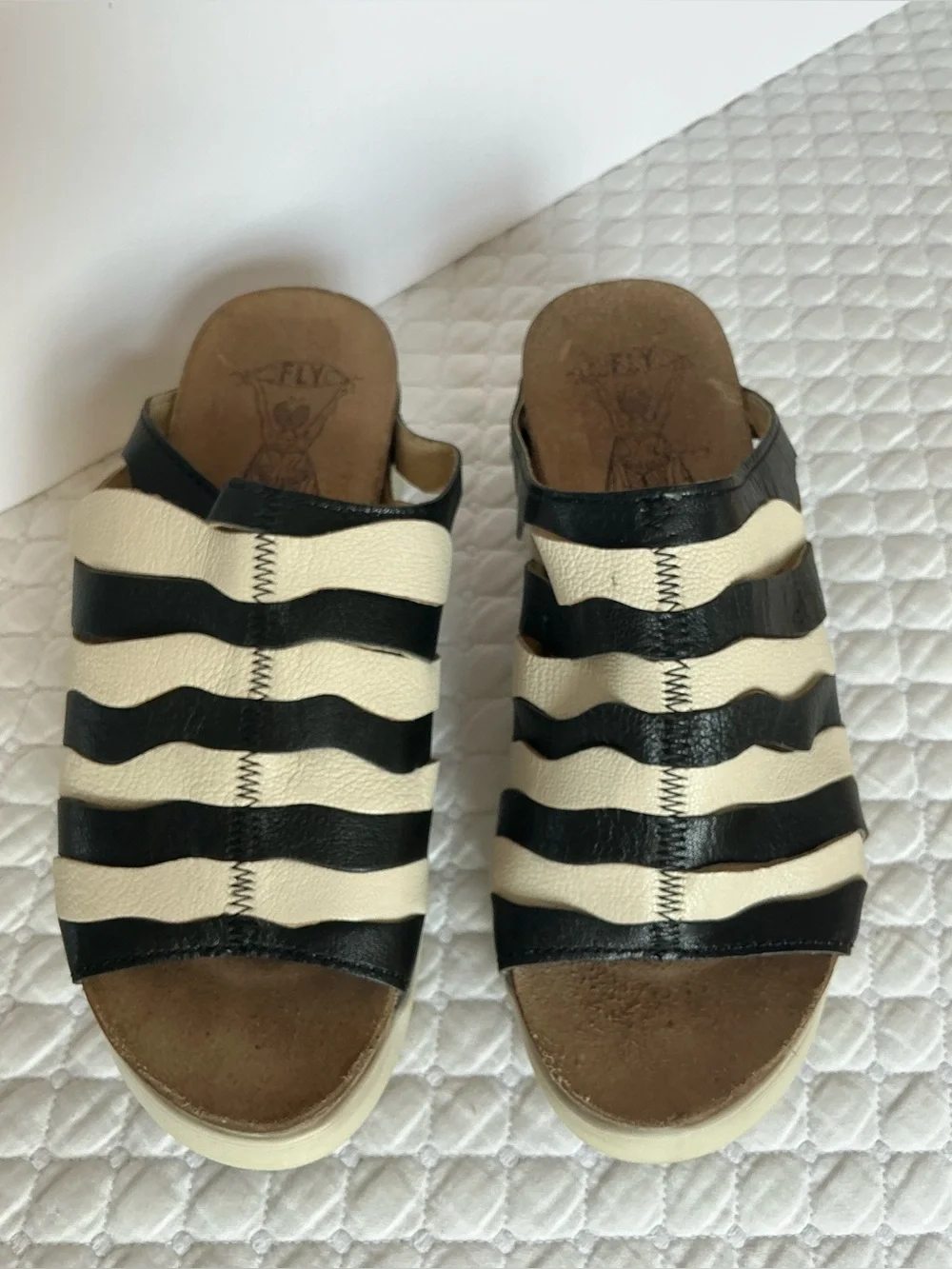 Fly London Wynt Zebra Stripe Leather Low Wedge Slide Sandals 39 (8-8,5 US)